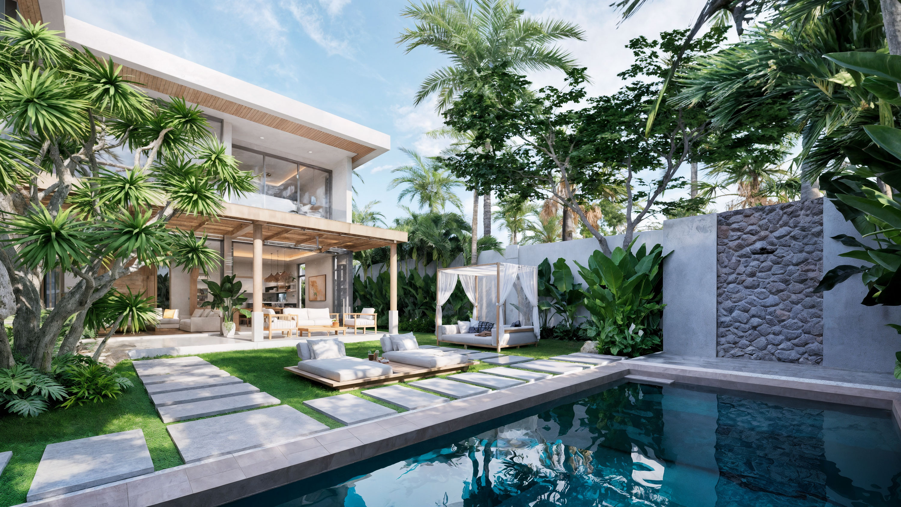 Pool with lounge area and canopy bed